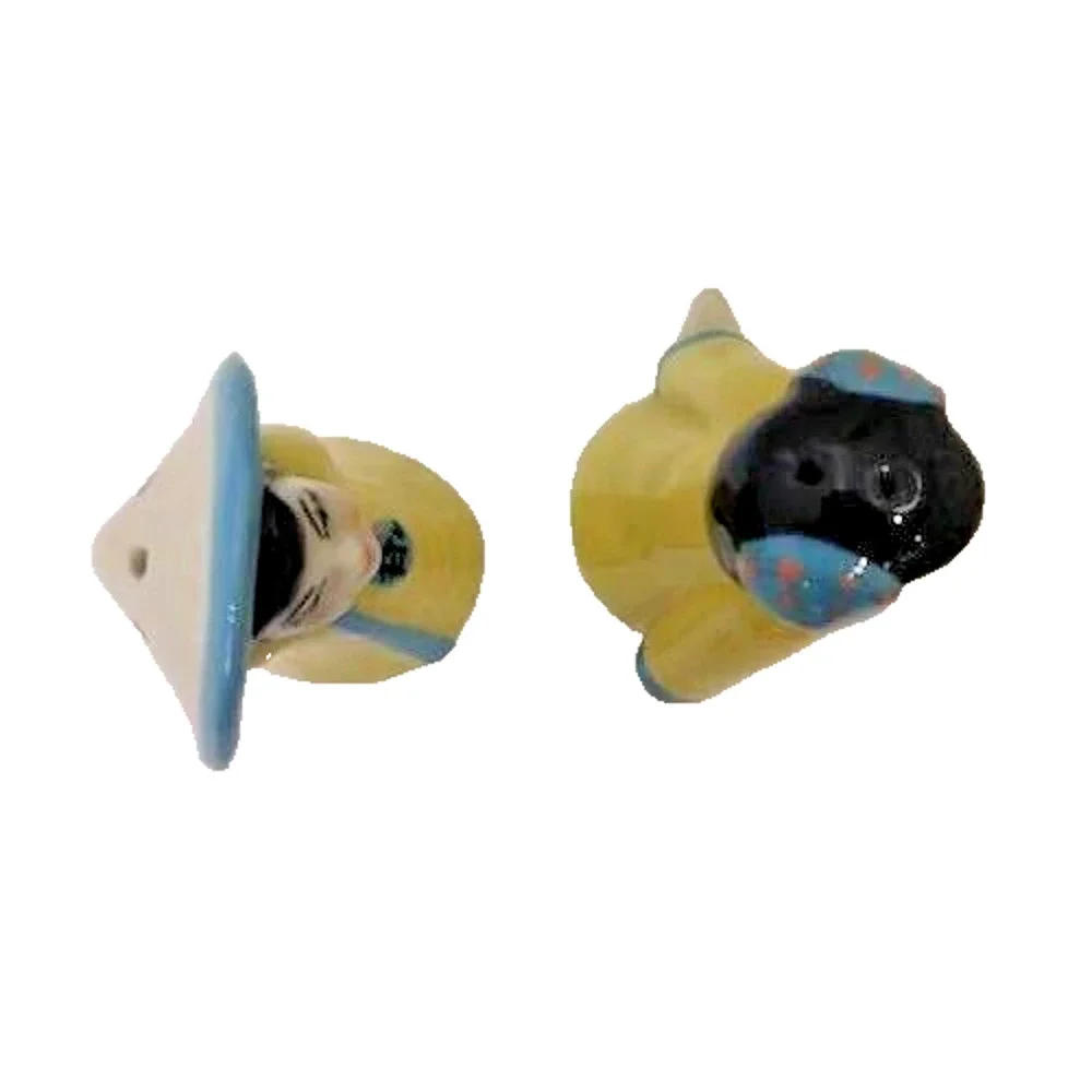 Vtg. Salt and Pepper Shakers Asian Boy Girl Yellow Blue Coolie Coats